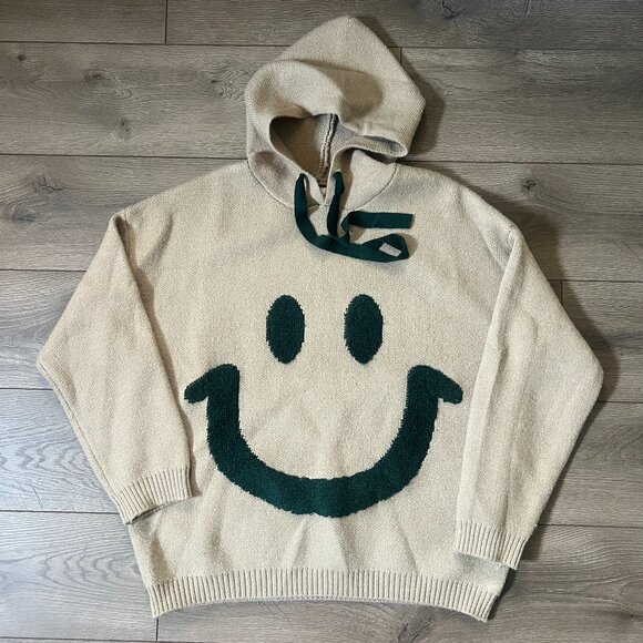 Alicedudu Beige Smiley Face Hooded Sweatshirt Size Large - Picture 1 of 7